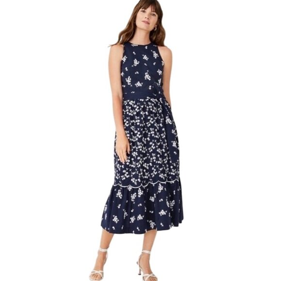 Ann Taylor Floral tiered heavily Embroidered Navy Blue Midi Dress Size 2 NWT - Picture 1 of 12
